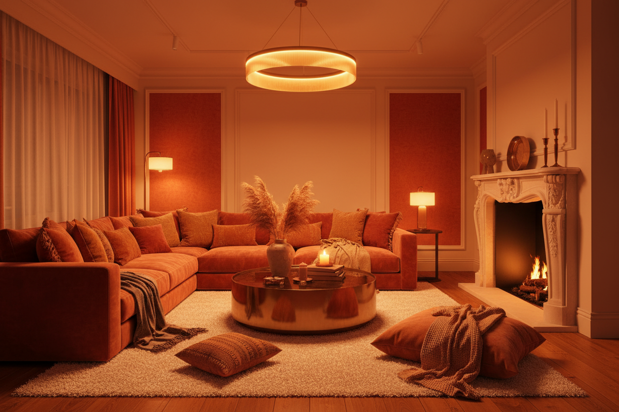 J'aimerais avoir une image de décoration avec des coulerus d'ambiances orangées qui donnent l'impression d'être dans un cocon, la marque se veut luxe et dans une bulle