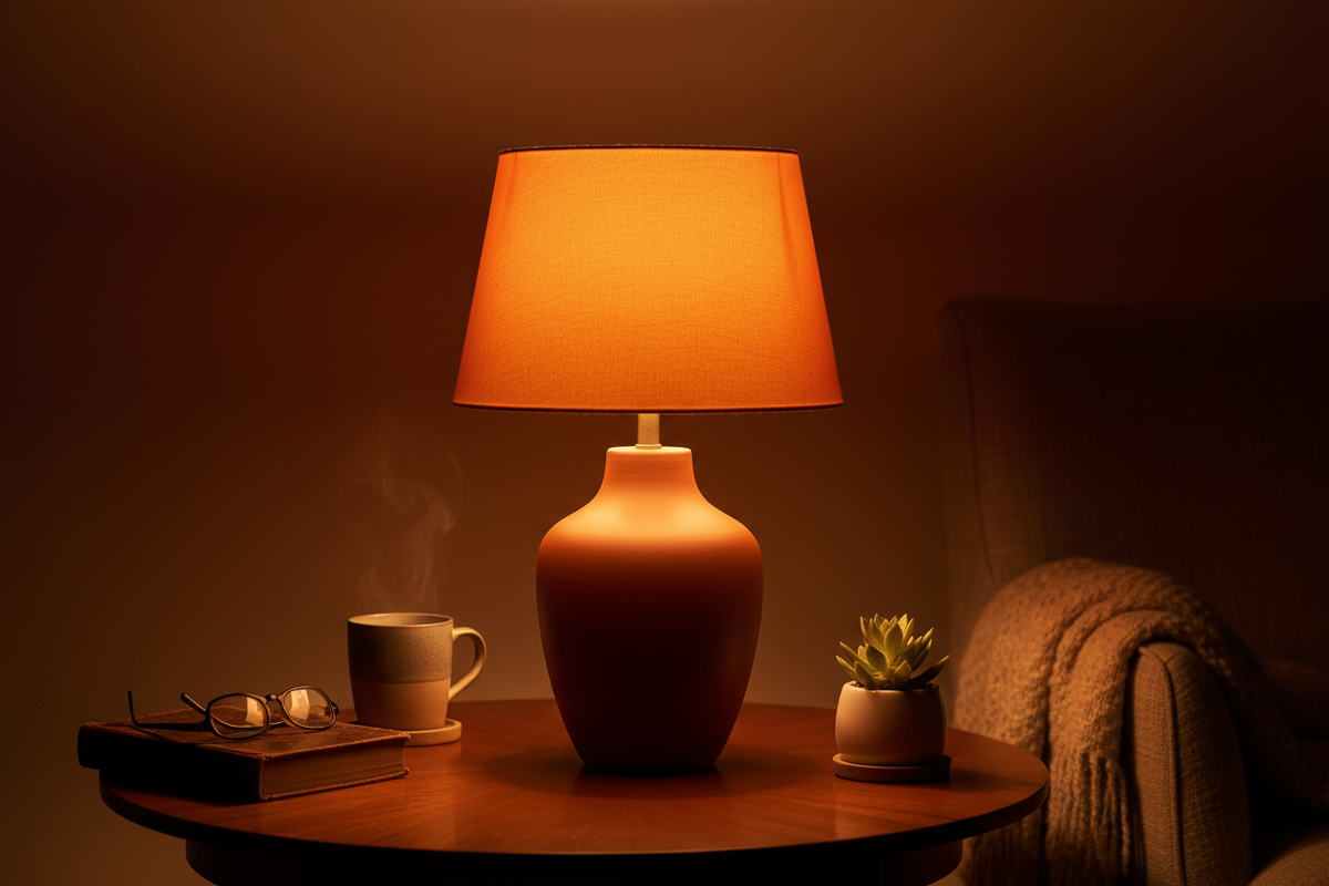 je veux une ambianc eintimiste avec en son centre une lampe de table orange qui dégage une lumière orange autour d'elle et qui fait chaleureux, inspire confiance