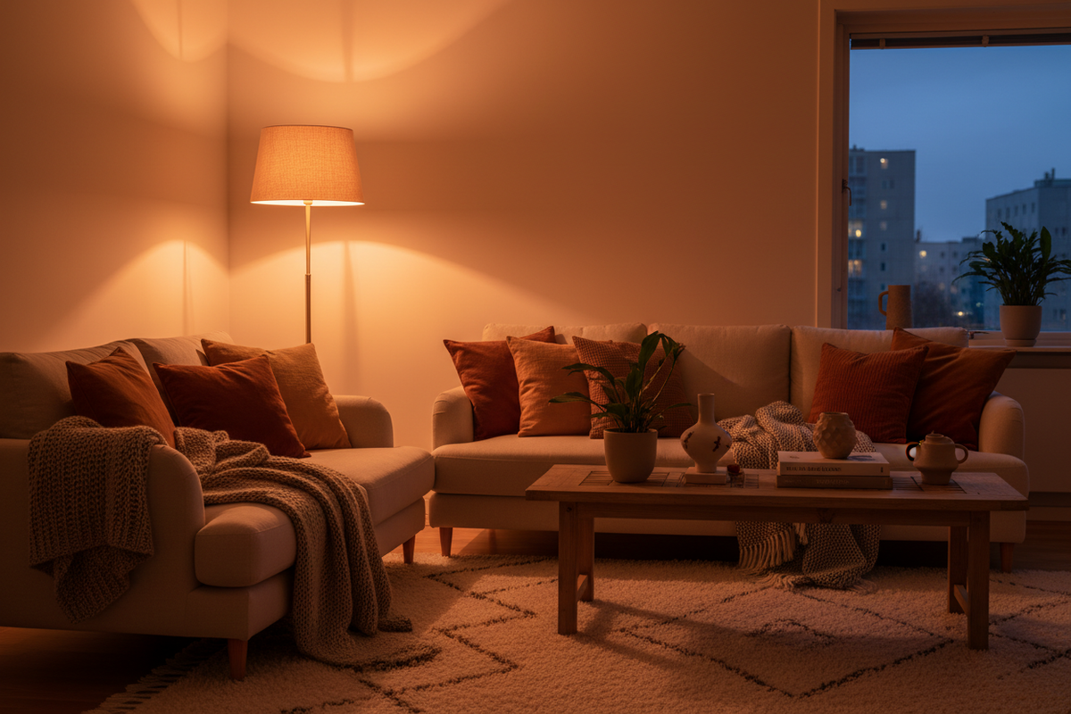 je veux une photo d'ambiance avec un luminaire orangée dans un salon cosy